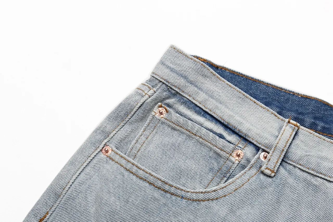 640#Gallery Dept New Style Spliced ​​Leather Label Leather Seal Water Ripple Washed Blue Destroyed Splicing Micro-Boot Jeans American High Street Flared Trousers Washed Blue S~XL p290